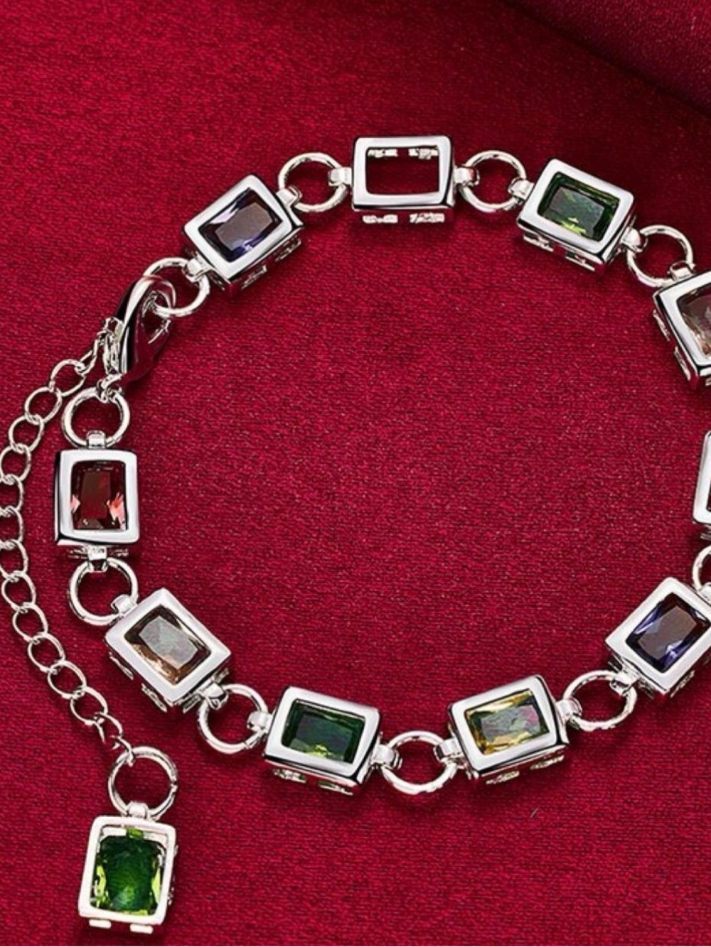 Sterling Silver Multicolor Rectangular Stone Bracelet .